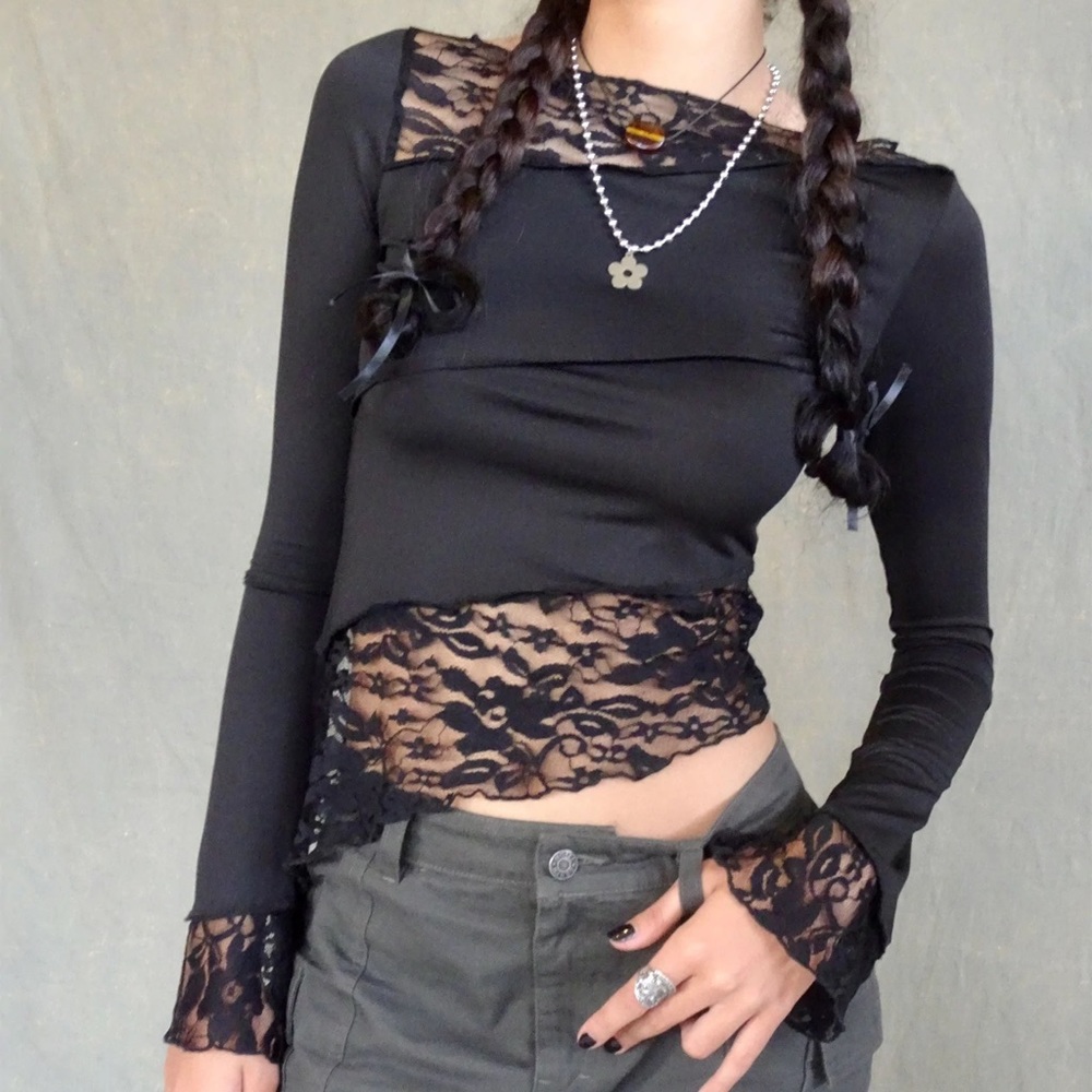 Motel Lucca black lace crop top